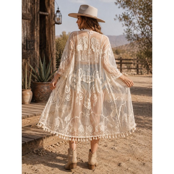 Shyanne Tops - Shyanne Sheer Embroidered Horse Theme Lace Kimono Tassel Fringe Duster L/XL
